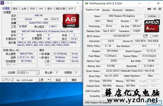 以上是AMD A6-7480的CPU-Z和GPU-Z的参数截图。